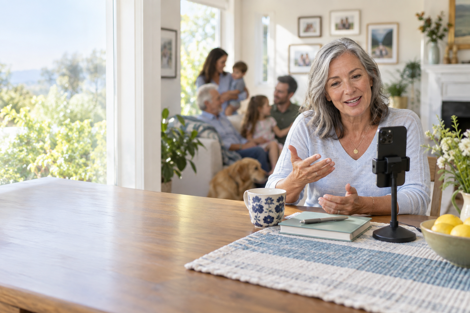 A woman recording a personal message at home with family nearby